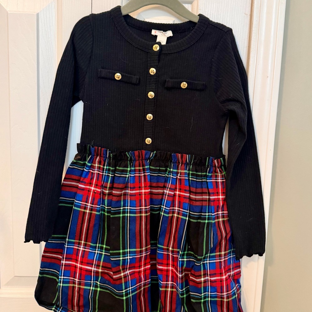 Crewcuts Black Top with Red and Blue Plaid Skirt Dress